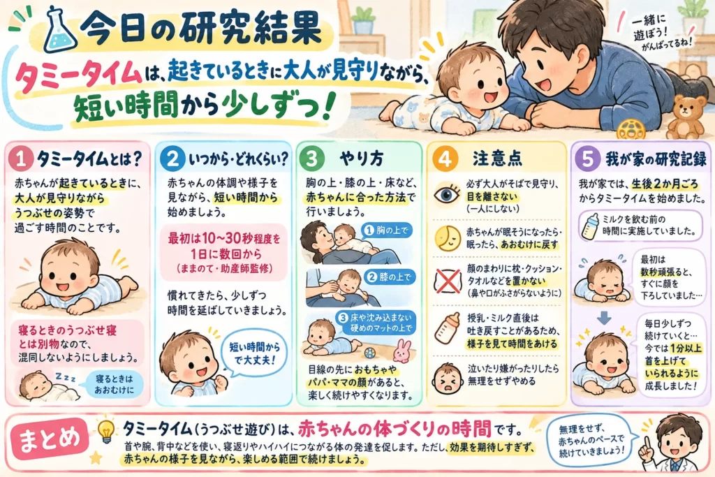 今日の研究結果：タミータイムは、起きているときに大人が見守りながら、短い時間から少しずつ